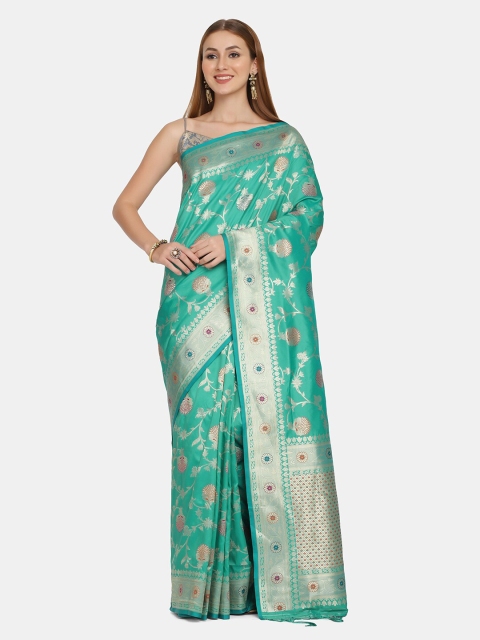 

BOMBAY SELECTIONS Green & Gold-Toned Floral Pure Silk Banarasi Saree