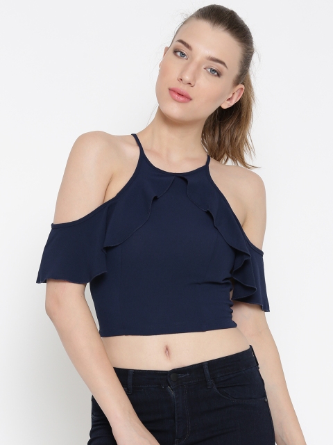 

Veni Vidi Vici Women Navy Solid Cold Shoulder Top, Navy blue