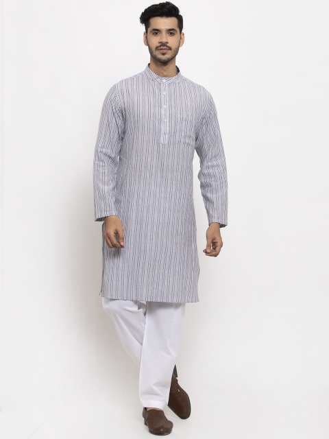 

NEUDIS Men Grey Striped Angrakha Pure Cotton Kurti with Salwar