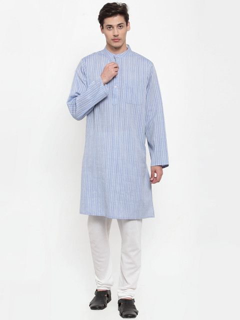 

NEUDIS Men Blue Striped Pleated Pure Cotton Kurta with Pyjamas