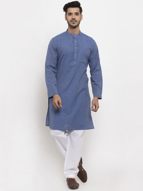 

NEUDIS Men Blue Striped Pleated Pure Cotton Kurta with Pyjamas