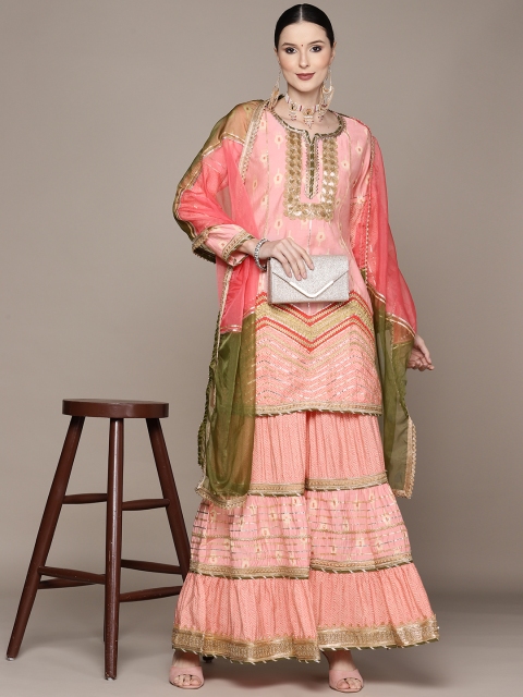 

Ishin Pink Ethnic Motifs Embroidered Gotta Patti Kurta with Sharara & Dupatta