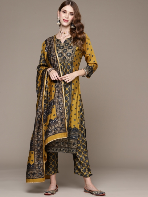 

Ishin Women Mustard Yellow Ethnic Motifs Printed Kurta with Trousers & Dupatta
