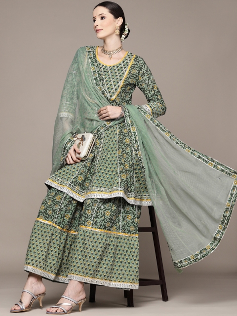 

Ishin Women Olive Green Ethnic Motifs Printed Gotta Patti Pure Cotton Kurta with Sharara & With Dupatta