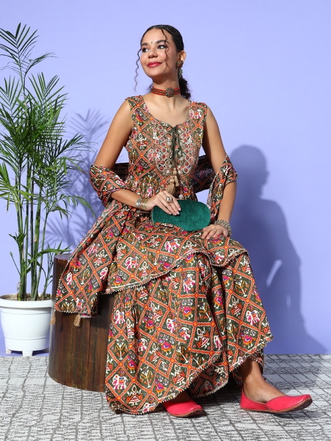 

ZOLA Women Green Ethnic Motifs Printed Pleated Pure Cotton Kurta with Palazzos & With Dupatta