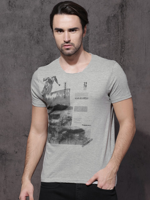 

Roadster Men Grey Melange Printed Round Neck T-shirt