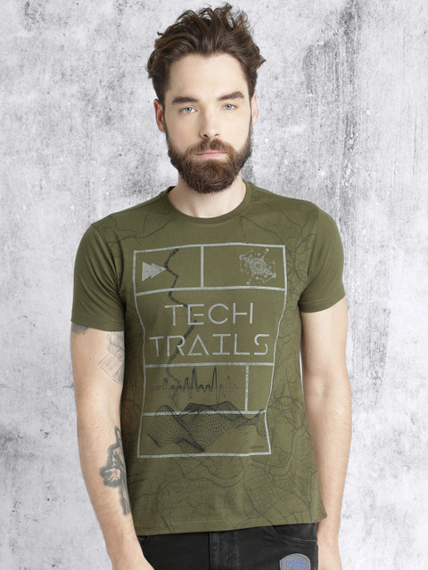 

Roadster Men Olive Green Printed Round Neck T-shirt