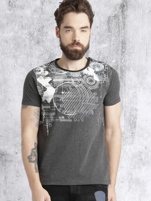Roadster Men Grey Melange Printed Round Neck T-shirt available at myntra for Rs.179
