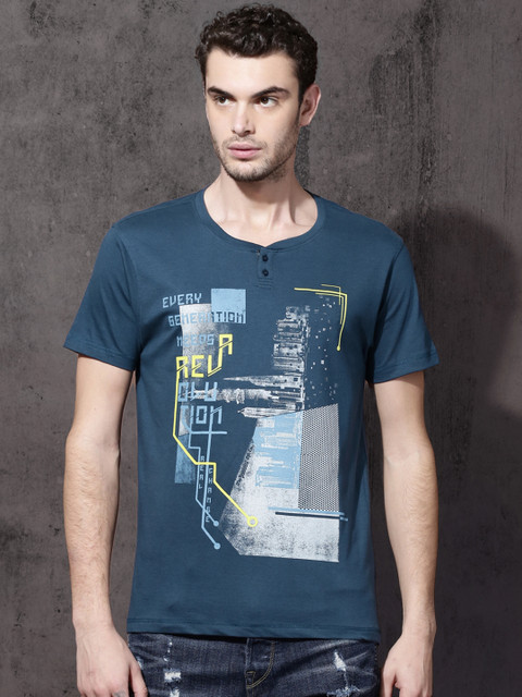

Roadster Men Teal Blue Printed Round Neck T-Shirt