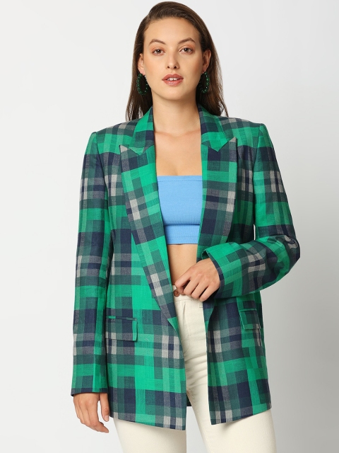 

Remanika Women Green Checked Cotton Open Front Jacket