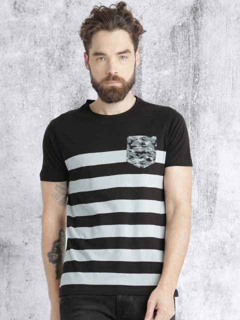

Roadster Men Black & Grey Striped Round Neck T-shirt