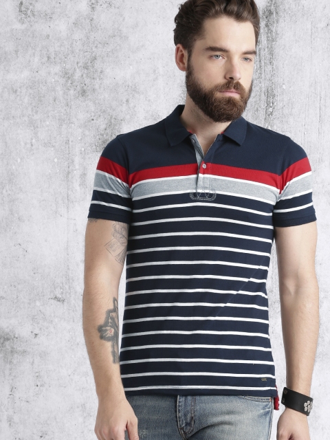 

Roadster Men Navy Blue Striped Polo Collar T-shirt