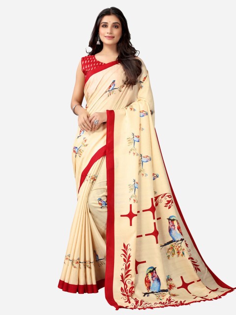 

Satrani Cream-Coloured & Red Abstract Printed Saree