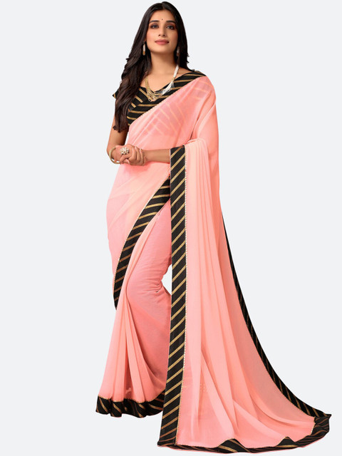 

Satrani Pink & Black Solid Poly Chiffon Saree