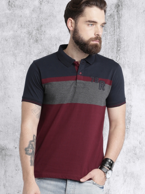 

Roadster Men Navy Blue & Maroon Colourblocked Polo Collar T-shirt