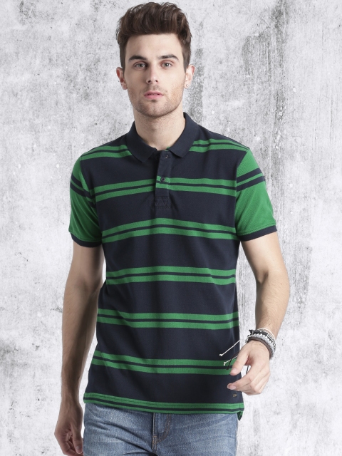 

Roadster Men Navy & Green Striped Polo Collar T-shirt, Navy blue