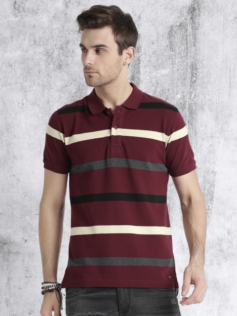 

Roadster Men Maroon Striped Polo T-shirt