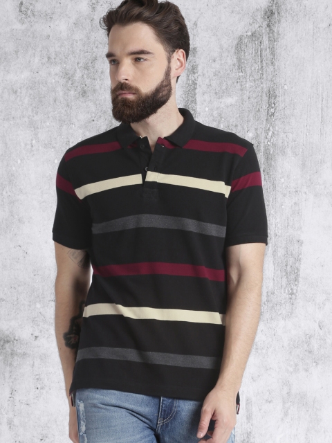 

Roadster Men Black Striped Polo Collar T-shirt