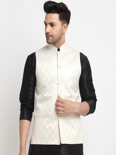 

Kaifoo Men White Woven Design Nehru Jackets