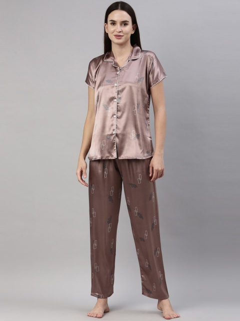 

GOLDSTROMS Women Taupe Printed Satin Night suit
