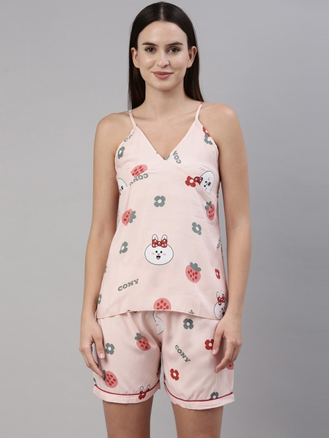 

GOLDSTROMS Women Peach-Coloured & Green Printed Night suit