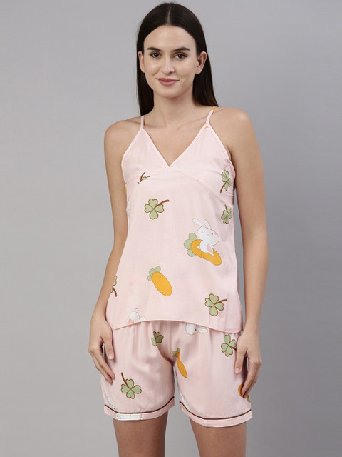 

GOLDSTROMS Women Peach-Coloured & White Printed Night suit