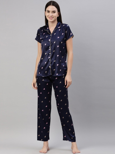 

GOLDSTROMS Women Navy Blue & Cream-Coloured Printed Night suit
