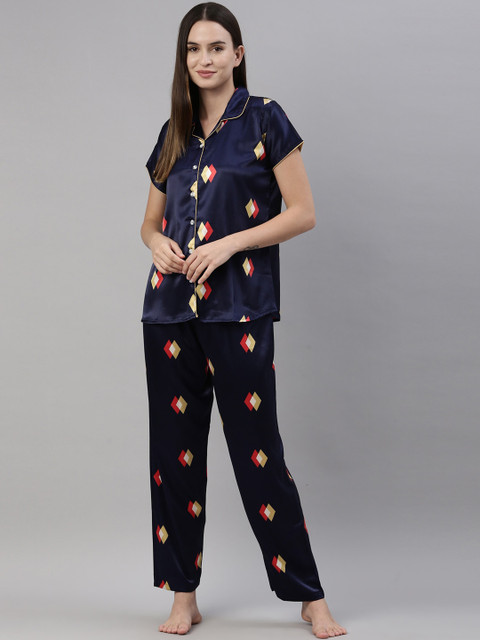 

GOLDSTROMS Women Navy Blue & Red Printed Satin Night suit