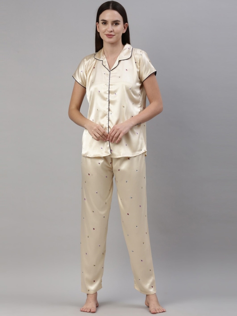 

GOLDSTROMS Women Cream-Coloured & Multicoloured Printed Night suit
