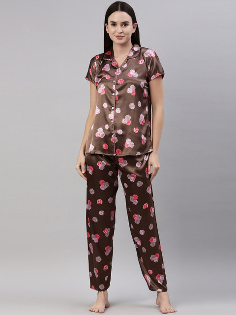 

GOLDSTROMS Women Coffee Brown & Pink Printed Night suit