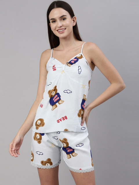 

GOLDSTROMS Women White & Blue Printed Night suit