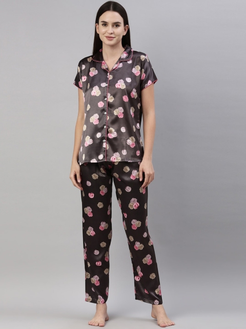 

GOLDSTROMS Women Charcoal & Pink Printed Night suit
