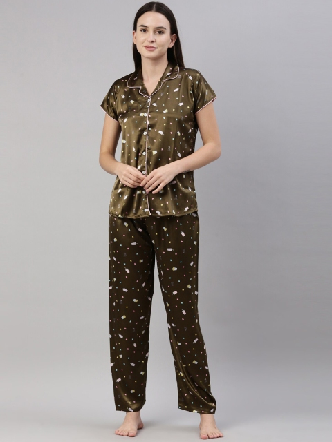 

GOLDSTROMS Women Olive Green & Pink Printed Night suit