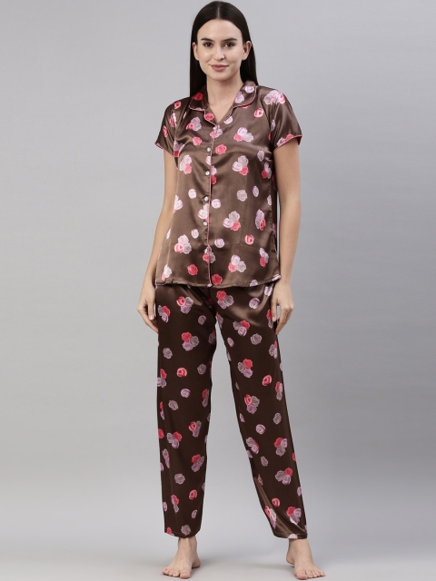

GOLDSTROMS Women Coffee Brown & Pink Printed Satin Night suit