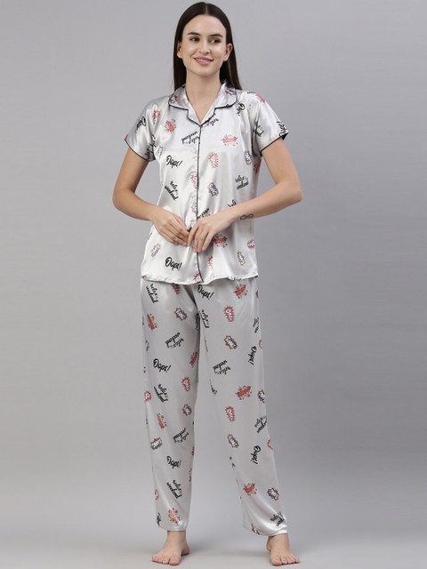 

GOLDSTROMS Women Grey Printed Satin Night suit