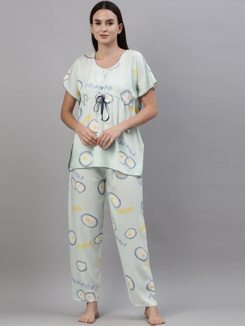

GOLDSTROMS Women Green & Blue Printed Kaftan Night suit