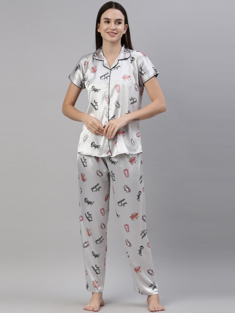 

GOLDSTROMS Women Grey Printed Satin Night suit