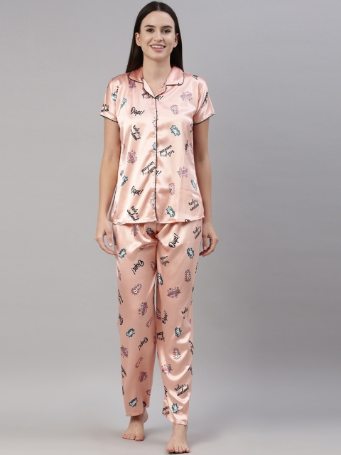 

GOLDSTROMS Women Peach-Coloured & Black Printed Night suit