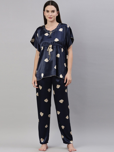 

GOLDSTROMS Women Navy Blue & Brown Printed Kaftan Night suit