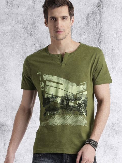 

Roadster Men Olive Green Printed Round Neck T-shirt