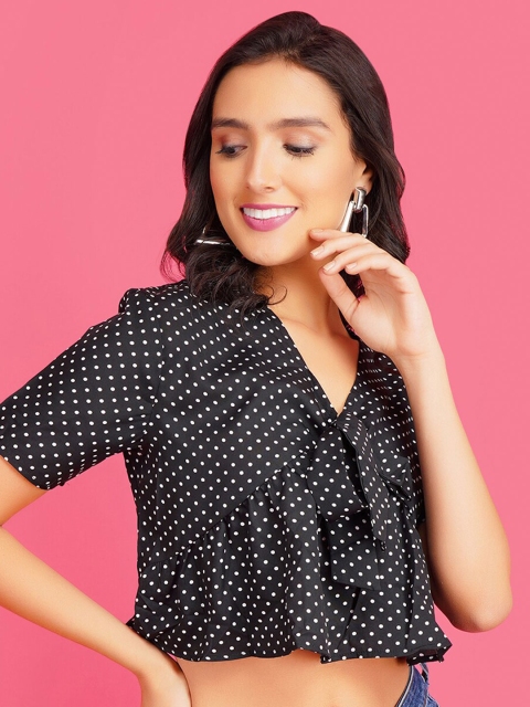 

STALK Women Black & White Print Tie-Up Neck Crepe Crop Top