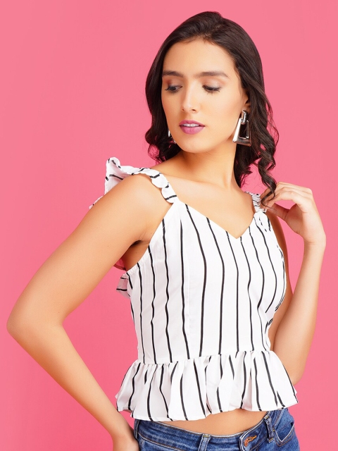 

STALK White & Black Striped Crepe Peplum Crop Top