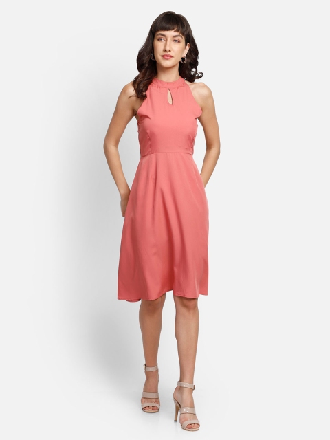 

YOU FOREVER Women Peach-Coloured Keyhole Neck Crepe Dress