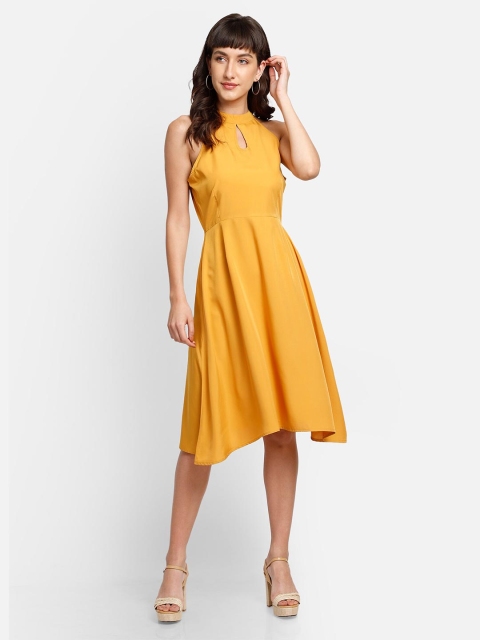 

YOU FOREVER Women Yellow Halter Keyhole Neck Crepe Dress