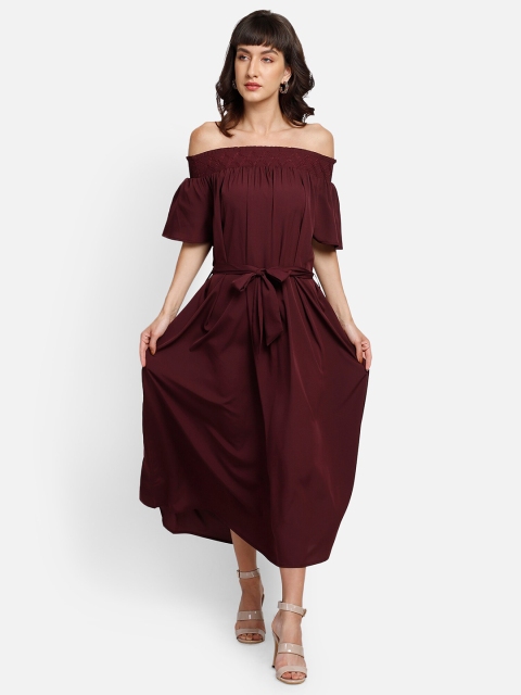 

YOU FOREVER Brown Off-Shoulder Crepe Midi Dress