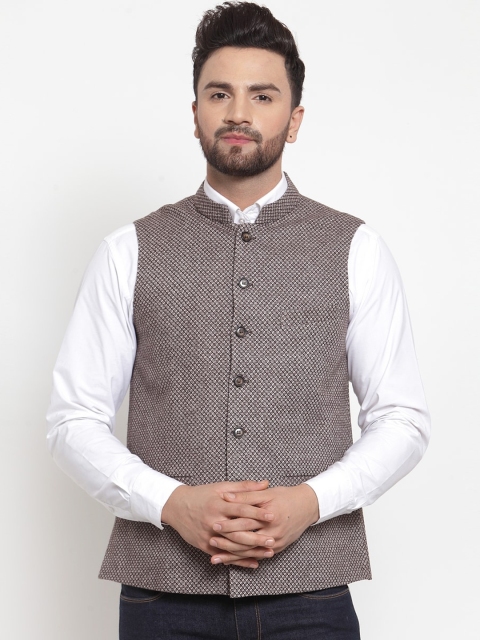 

NEUDIS Men Brown Solid Woven Design Wool Nehru Jackets