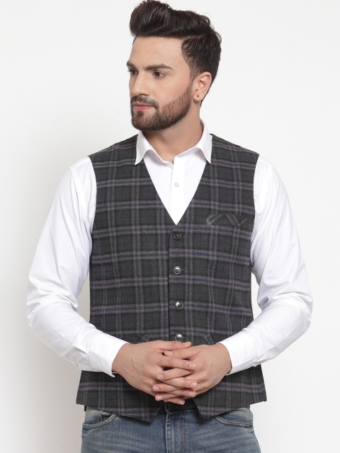 

NEUDIS Men Grey & Blue Checked Waistcoat