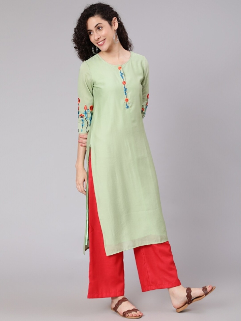 

Awadhi Women Green Keyhole Neck Flared Sleeves Thread Work Kurta