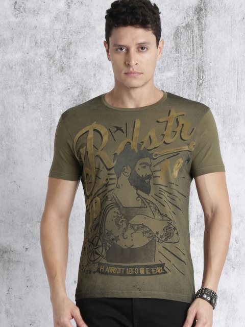 

Roadster Men Olive Green Printed T-shirt