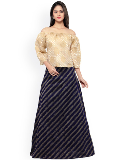 

Inddus Cream-Coloured & Blue Semi-Stitched Lehenga Choli